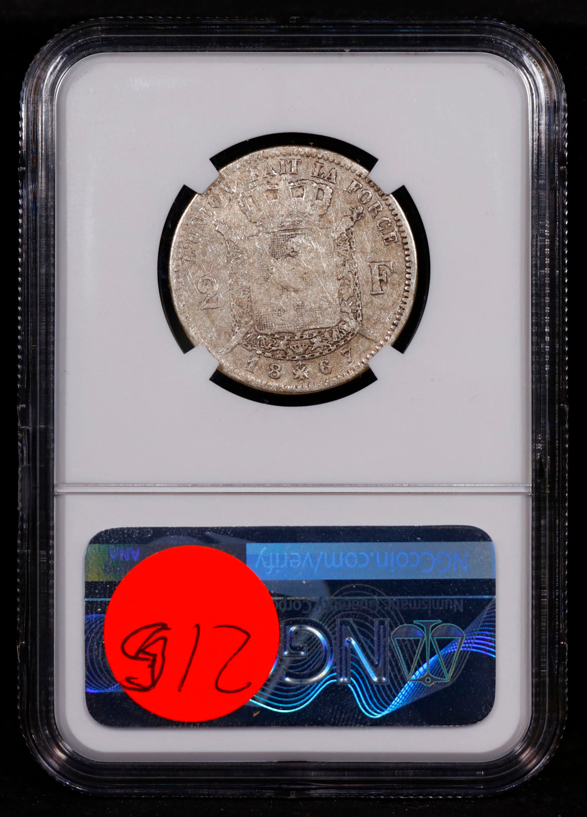 1867 Belgium 2F Franc No Cross on Crown NGC Good Details