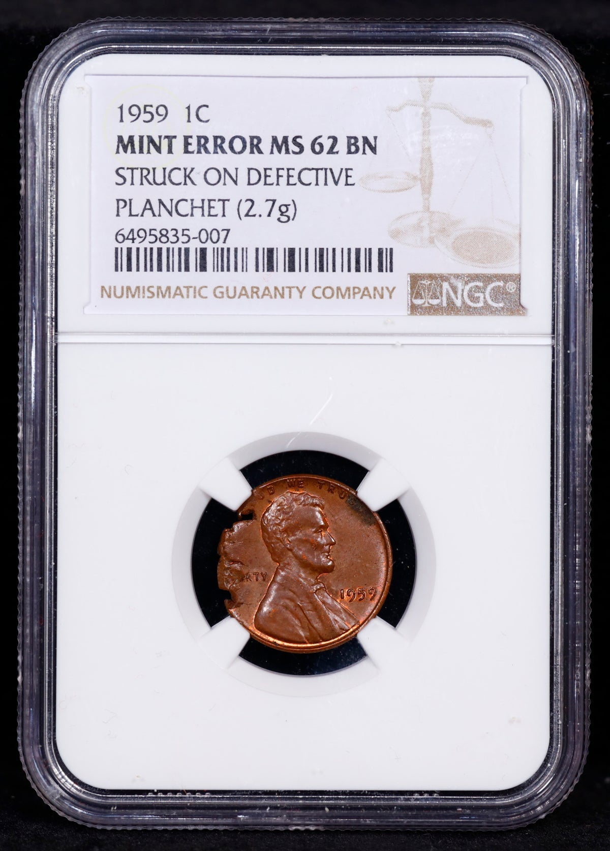 Mint Error 1959 Lincoln 1c Struck on Defective Planchet NGC MS62 BN