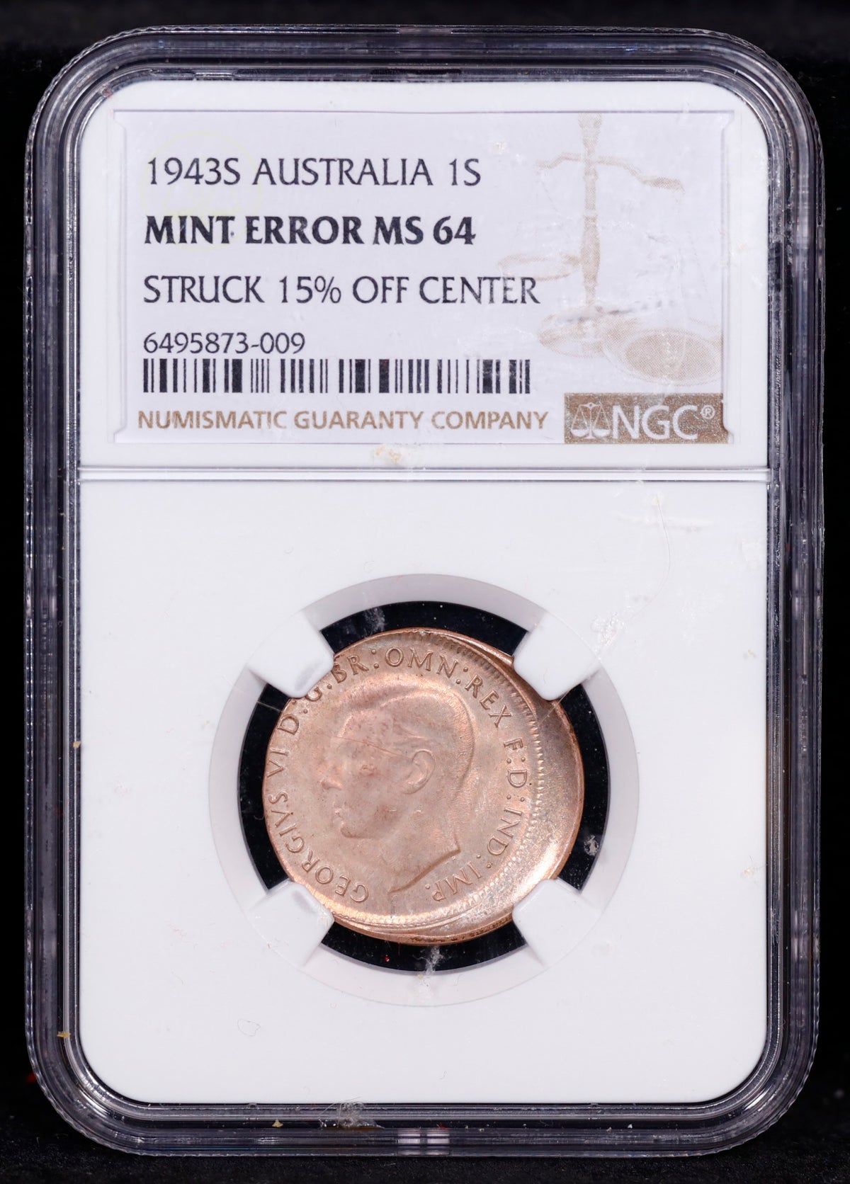 Mint Error 1943S Australia 1S Shilling Struck 15% Off-Center NGC MS64