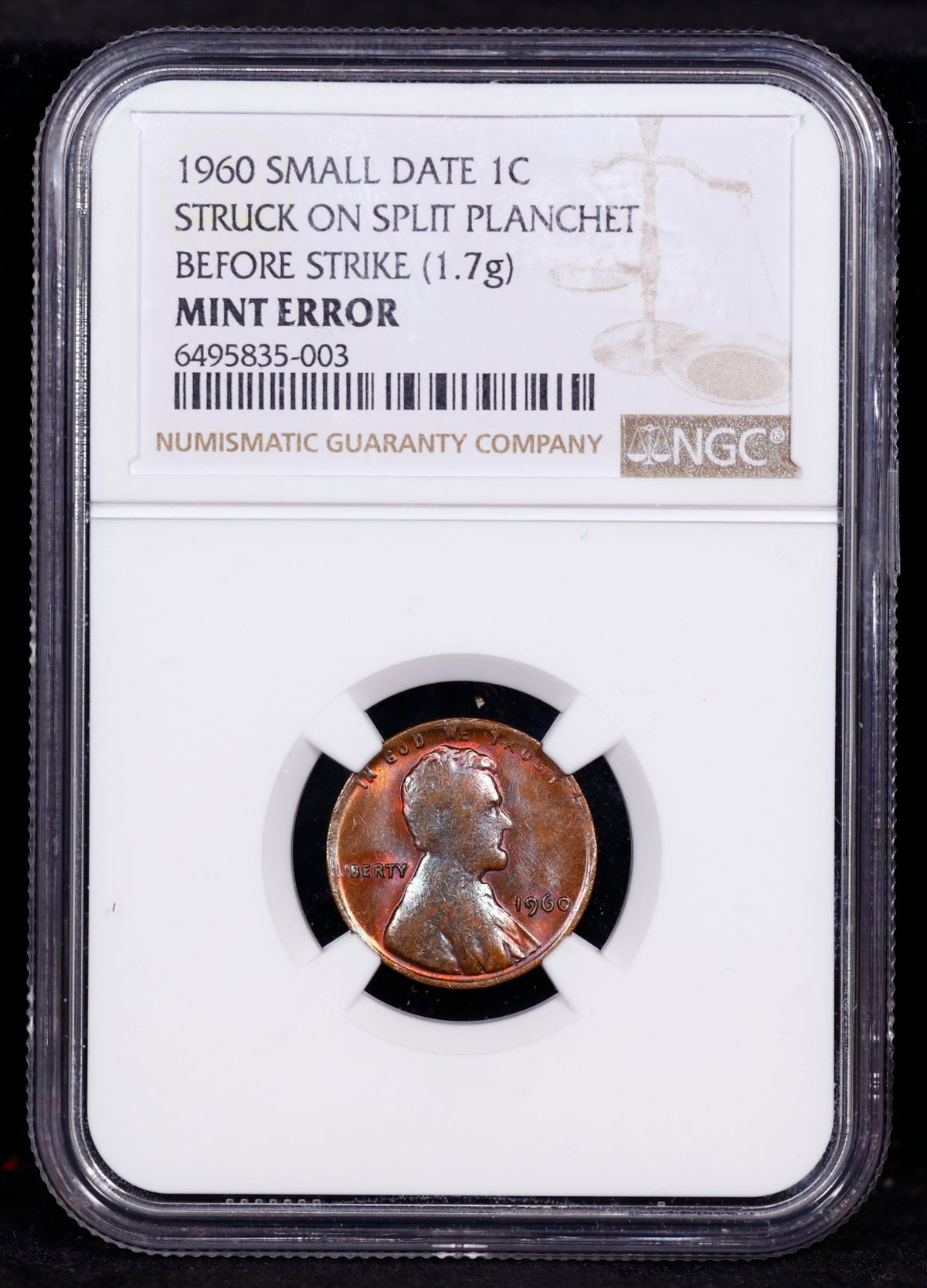 Mint Error 1960 Small Date 1c NGC Struck on Split Planchet Before Strike