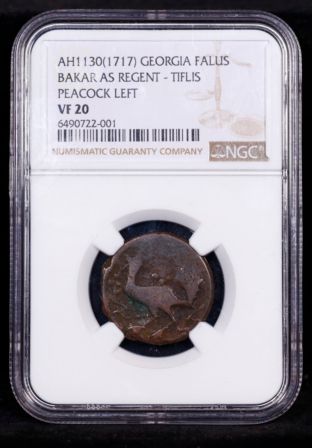 AH1130(1717) Georgia Falus Bakar As Regent - Tiflis Peacock Left NGC VF20 TOP POP SOLE Finest Known