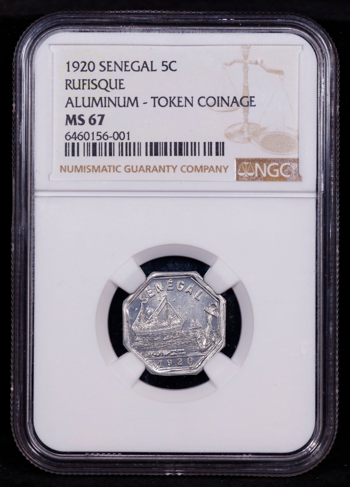 TOP POP 1920 Senegal 5c Nickel Rufisque Aluminum Token Coinage NGC MS67 SOLE Finest Known